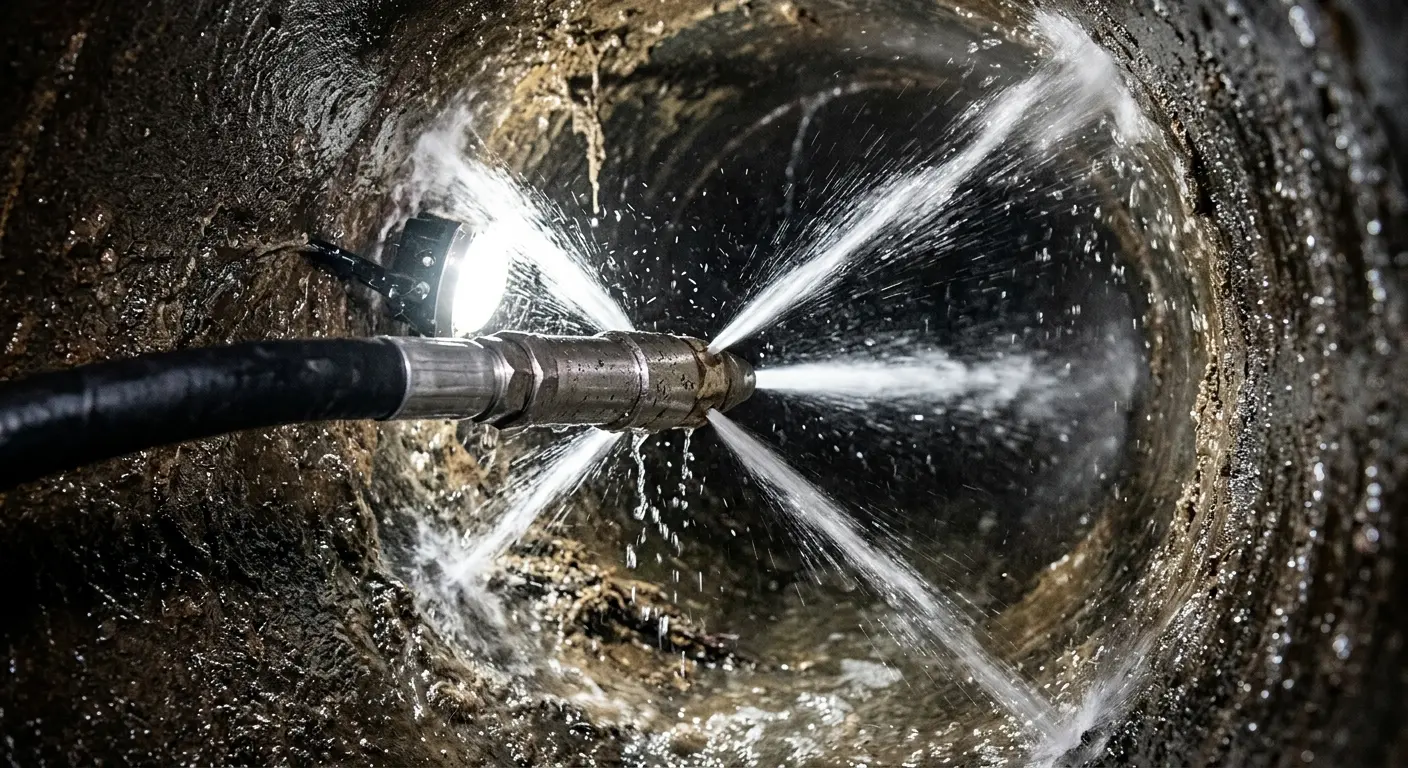 High-pressure hydro jetting nozzle cleaning sewer pipe for Trenchless Sewer Repair in Merrillville