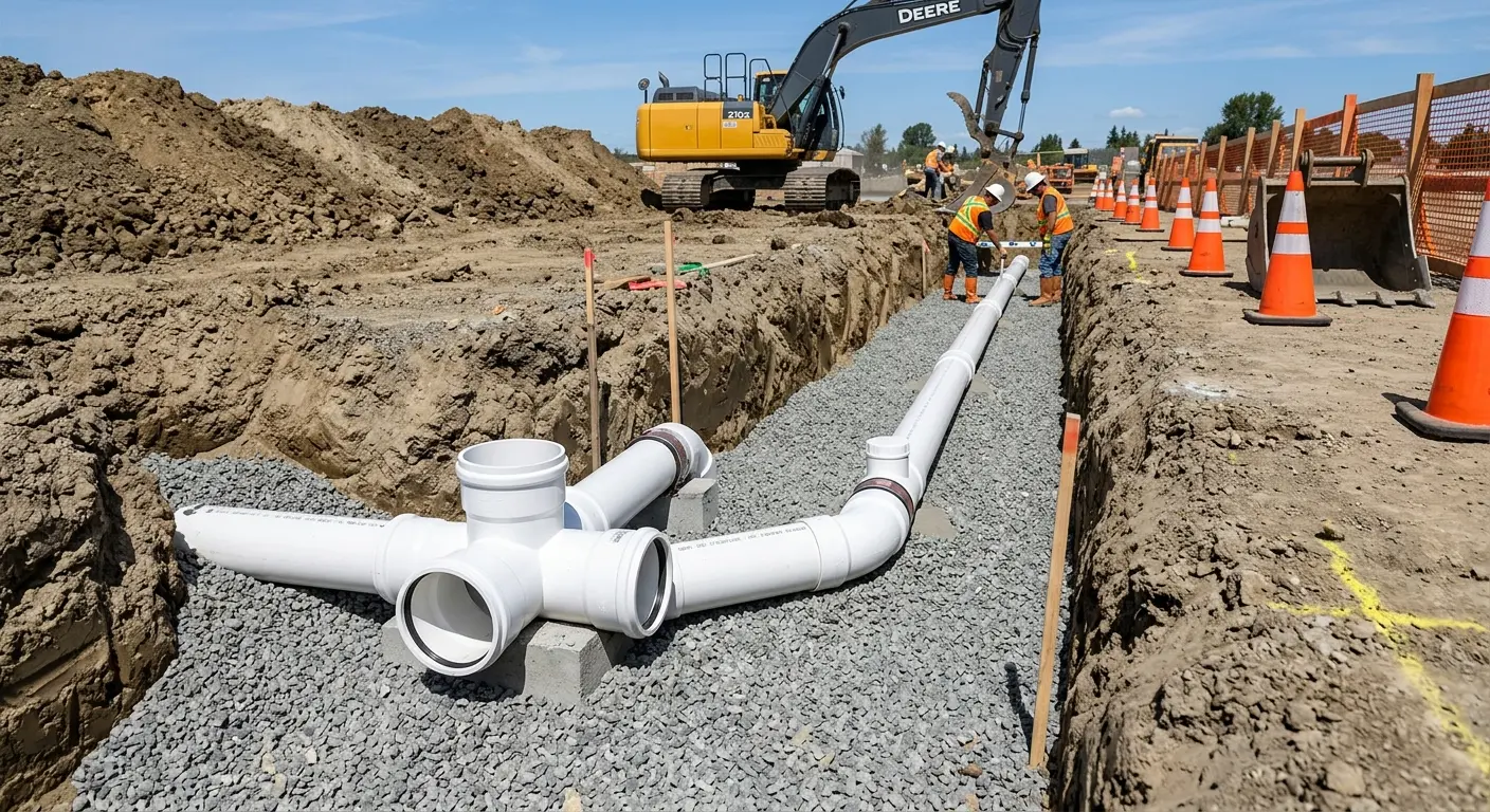 New PVC sewer pipe installation in open trench for Grease Trap Cleaning in Merrillville