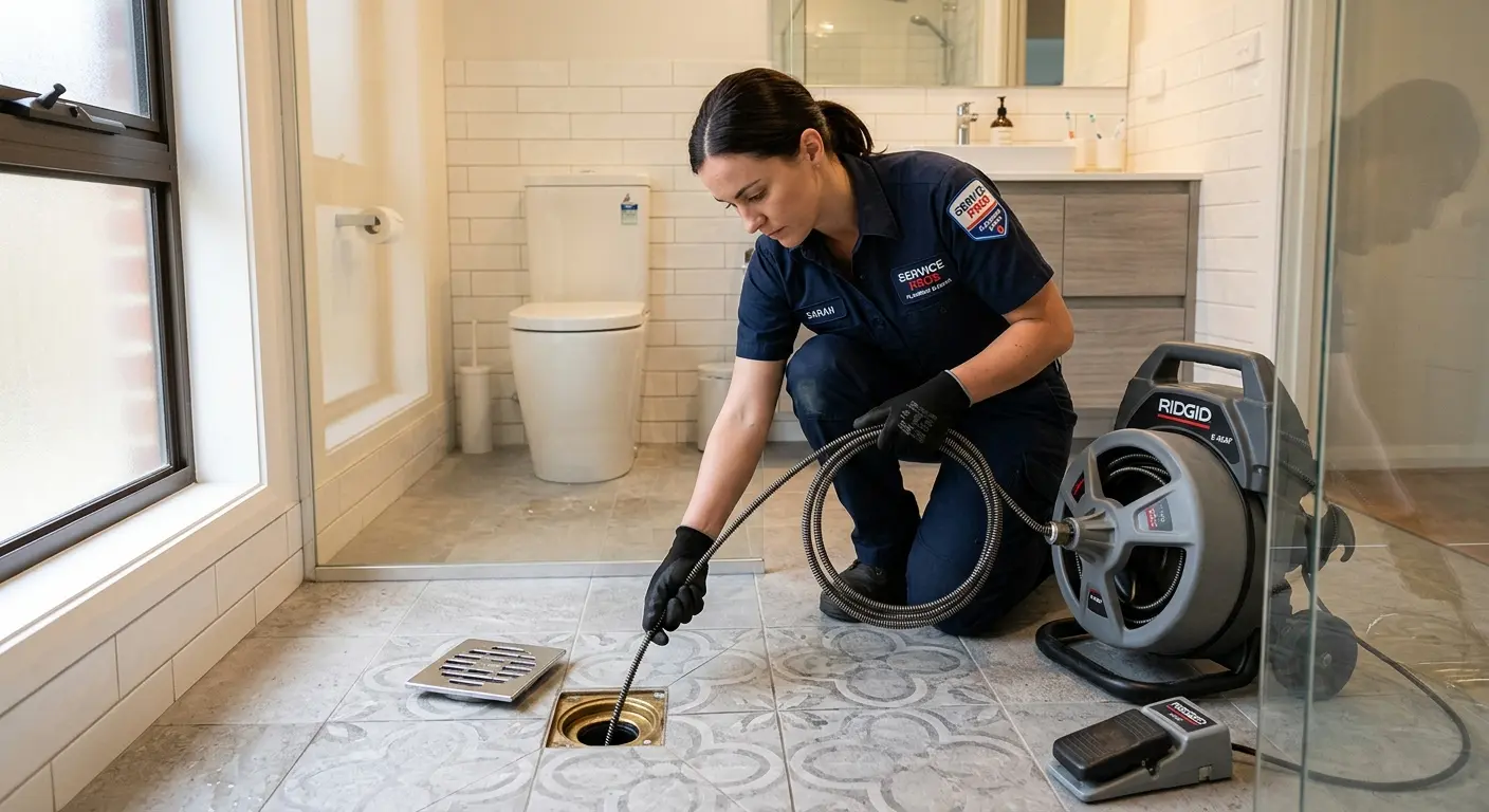 Technician clearing a bathroom floor drain for Sewer Line Replacement in Merrillville